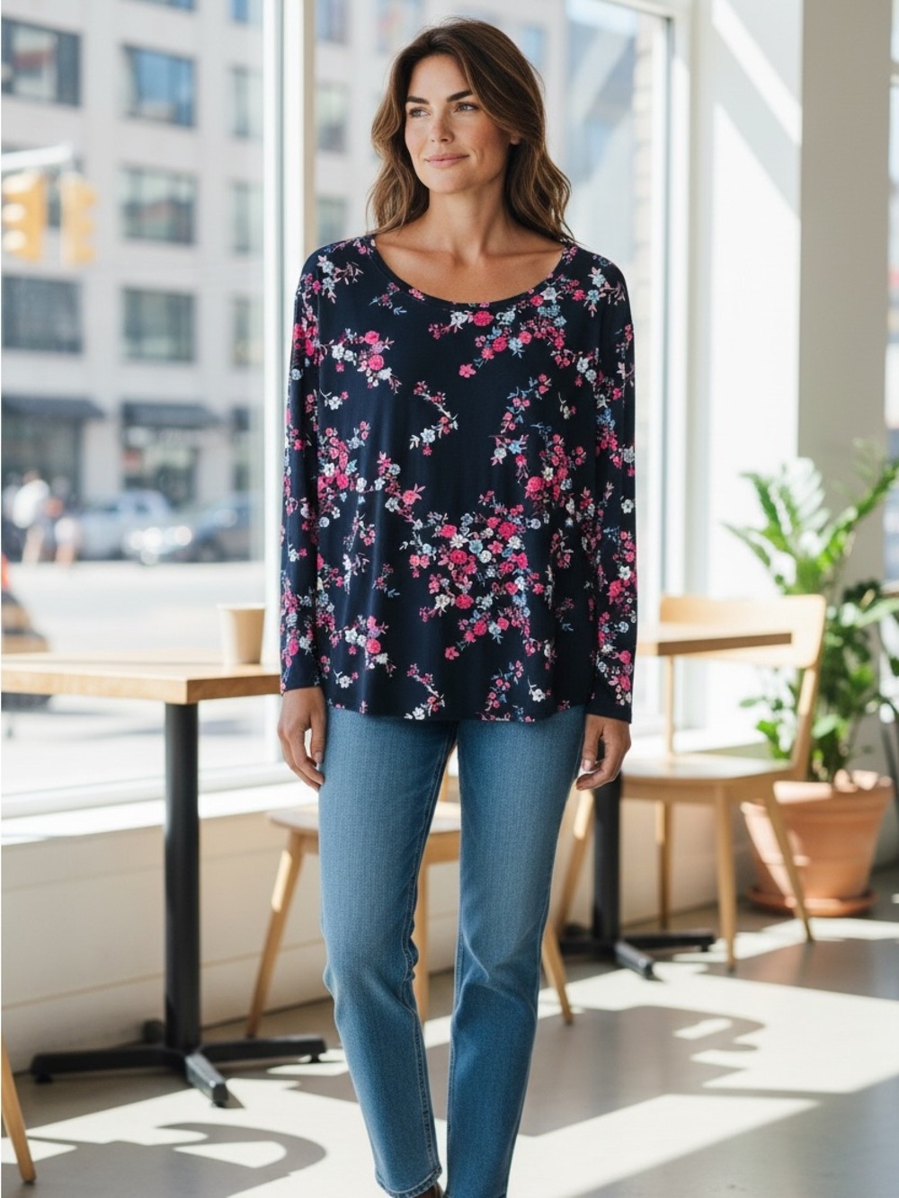 Elle Navy Floral Long-Sleeve Tee with Pink and Light Blue Blooms Size XL